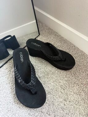 Cobian Zoe Black Cushioned Braided Wedge Flip Flops, 9